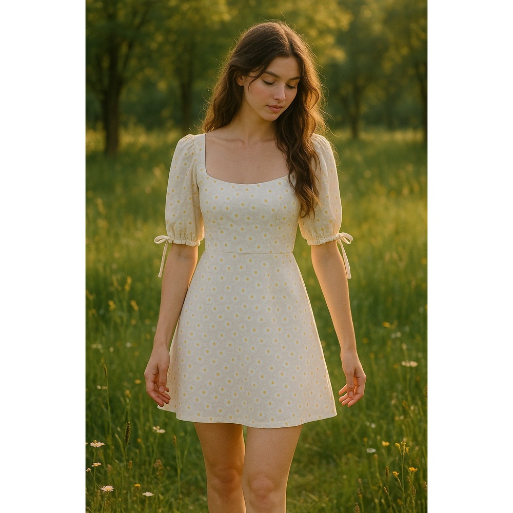 Babydoll Barbie Prairie Coquette White Yellow Daisy‎ Puffy Sleeve M Dress NWT